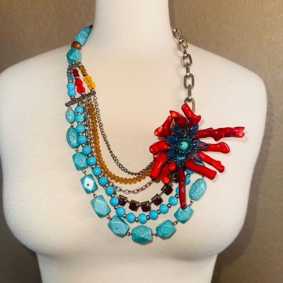 Jewelry - Branch Coral Crystal Faux Turquoise Multistrand Handmade Statement Necklace Set
